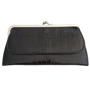 Vintage Pocketbook Black Patent Leather Croc Purse Handbag Clutch
